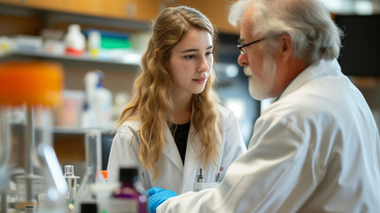 Obraz premium Female Scientist Collaborating With Male Researcher in High-Tech Lab