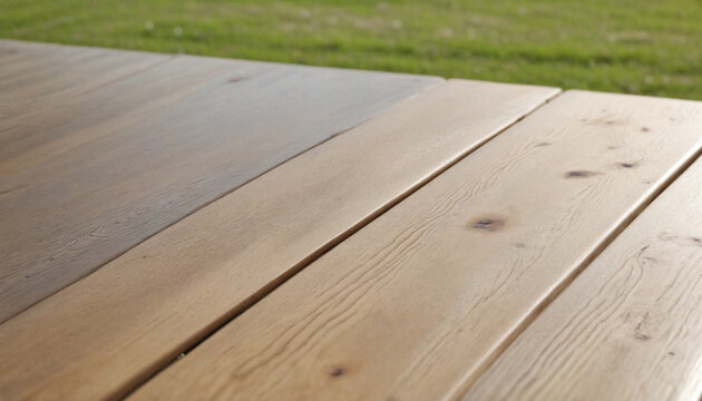 Rustic Wood Tabletop with Blurred Sheep Pasture Background