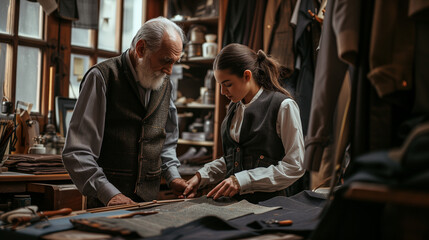 Obraz premium Elderly Man and Young Girl Examining Leather Piece