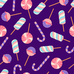 Sweets seamless vector pattern. Tasty striped lollipop, candy, marshmallow on a stick. Sweet caramel with sprinkles. Different desserts for children, kids. Dark purple background for print, web