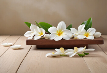 Wooden table with white frangipani flowers