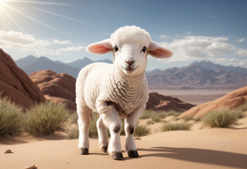 Adorable lamb in desert with mountains in background