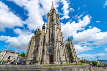 View of Saint Colman's Cathedral from below in the Cobh, County Cork, Ireland.	
