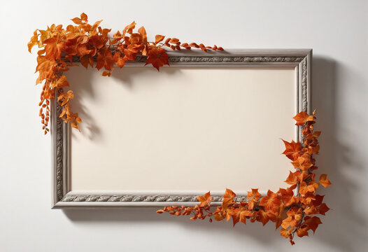 picture frame braided with autumn dry orange curly ivy with shadow, png file of isolated cutout object on transparent background