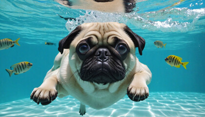 Amusing pug canine diving underwater in a summertime pool, close-up capture