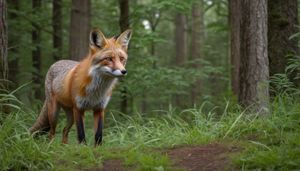 Vibrant red fox spotted in rich forest scenery