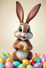 Fototapeta premium Cheerful Easter Rabbit Drawing with Adorable Easter Eggs on Simple Background