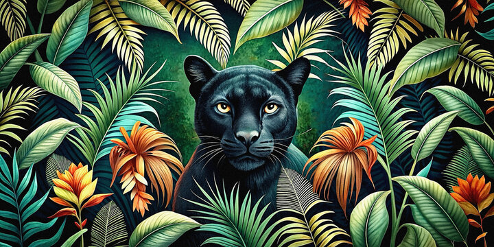 Tropical jungle and black panther 
