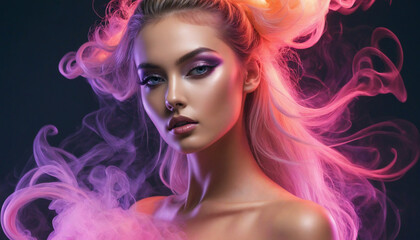 Stunning High Fashion Model with Glamorous Hairstyle Posing in Colorful Smoke Lights