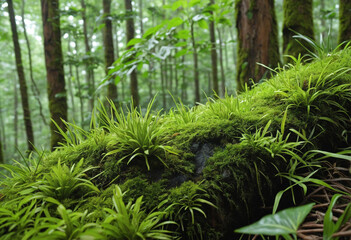 Macro shot of moss plants on tree branch in forest.