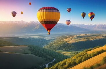 Obraz premium Beautiful hot air balloons flying over sky with sunset view