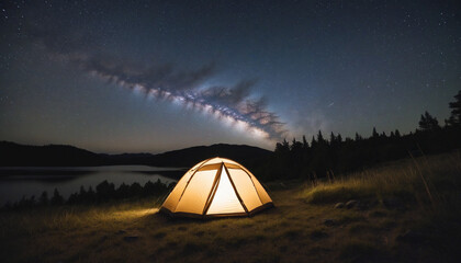 Fototapeta na wymiar Camping in a tent under milkyway with twinkling stars in the background