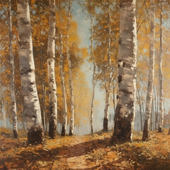 vintage oil painting, autumn woodland, aspen trees, old style, large brush strokes, Ai generative 