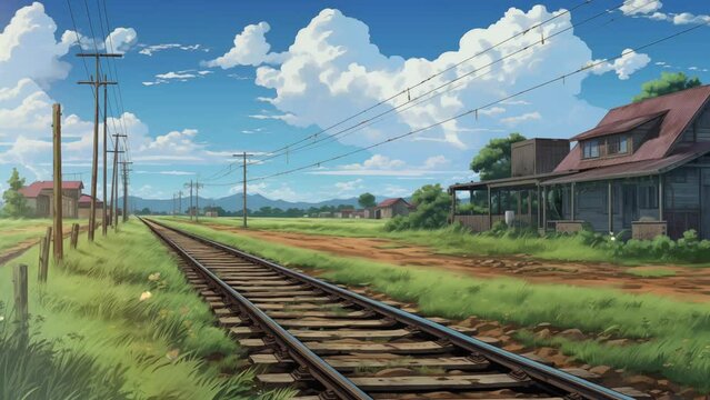 Animated illustration of train tracks in the countryside with natural views. Cartoon or digital painting style illustration. 4k loop animation background.