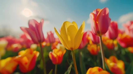 Fotobehang Colourful panoramic spring banner of fresh tulips in vibrant yellow, pink and red growing in a field under a sunny blue sky, closeup of the fragile petals © buraratn