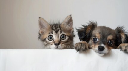 Cute kitten and puppy peeking out from the side of a white banner with room for text