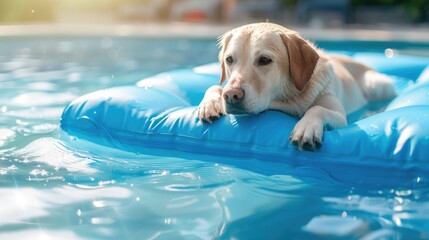 dog on blue air mattress in refreshing water