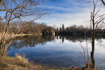 Blick über Steinbruch See an der Bergkirche in Beucha, Sachsen, Deutschland