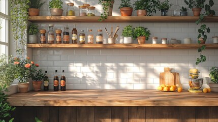 Kitchen interior. Wall mockup in kitchen interior background, Farmhouse style. Decor concept. Real estate concept. Art concept. Kitchen concept. Stylist concept. 3d render concept.