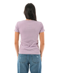 Young woman in stylish lilac t-shirt on white background, back view