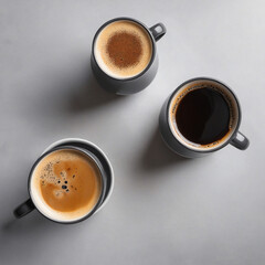 Overhead shot of 4 gray coffee mugs on clear background, ideal for design editing