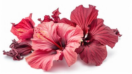 Fresh and dried hibiscus flowers isolated on white background