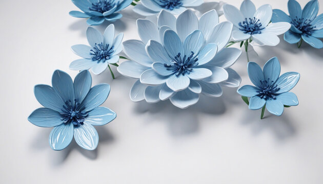 3D flower group Blue on white background, oil paint style