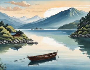 Sketchbook drawing of a Japanese landscape with lake, mountains, and boat
