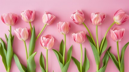 Fototapeta premium Pink tulips flowers on pink background. Waiting for spring. Happy Easter card. Flat lay, top view