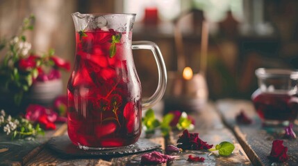 Pitcher of iced hibiscus tea, also known as rosella, karkade or red sorrel. - obrazy, fototapety, plakaty