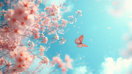 pring banner, branches of blossoming cherry against background of blue sky and butterflies on...