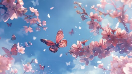pring banner, branches of blossoming cherry against background of blue sky and butterflies on...