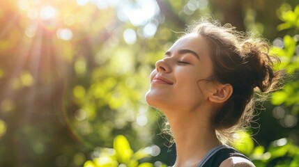 Profile portrait of happy sporty woman relaxing in park. Female model breathing fresh air outdoors. Healthy active concept. Horizontal photo banner for website header design with copy space for text - obrazy, fototapety, plakaty