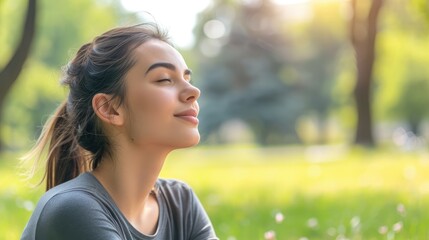 Profile portrait of happy sporty woman relaxing in park. Female model breathing fresh air outdoors. Healthy active concept. Horizontal photo banner for website header design with copy space for text