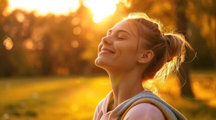 Profile portrait of happy sporty woman relaxing in park. Female model breathing fresh air outdoors. Healthy active concept. Horizontal photo banner for website header design with copy space for text