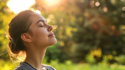 Profile portrait of happy sporty woman relaxing in park. Female model breathing fresh air outdoors. Healthy active concept. Horizontal photo banner for website header design with copy space for text - obrazy, fototapety, plakaty