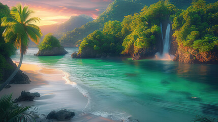 A majestic waterfall cascades into the crystal blue waters below, surrounded by lush trees and vibrant plants, as the sun sets over the tranquil beach - obrazy, fototapety, plakaty