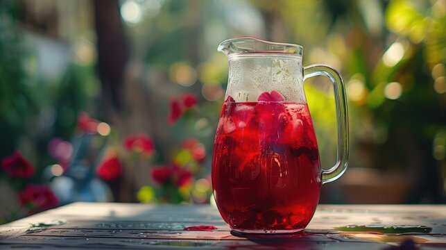 Pitcher of iced hibiscus tea, also known as rosella, karkade or red sorrel.