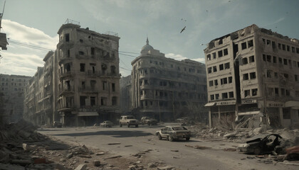 Devastated urban landscape post-conflict