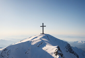 Fototapeta na wymiar Symbol of faith on snowy peak