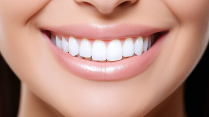 Obraz premium Close up of beautiful teeth of smiling women after teeth whitening procedure.
