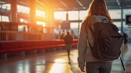 Female Traveler with Backpack Walking in Airport Terminal