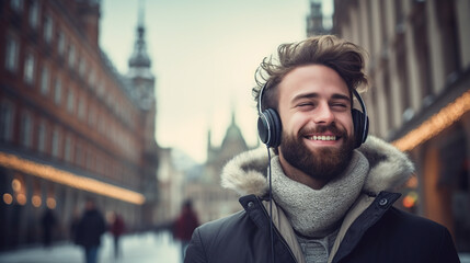 Fototapeta na wymiar Smiling and happy Man with Headphones Enjoying Winter Day in the City