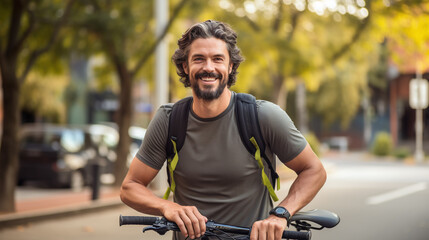 Smiling cyclist at outdoor standing , looking at camera.
