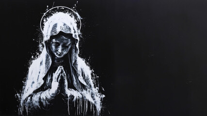 A white ink watercolor painting of the virgin maria isolated on black background