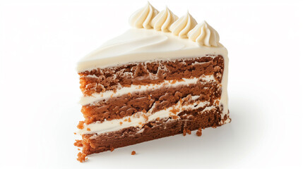 white frosted slice of carrot cake on a white plate isolated on a white background
