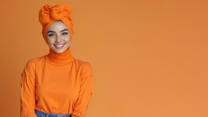 Arab woman wear orange casual t-shirt smile isolated