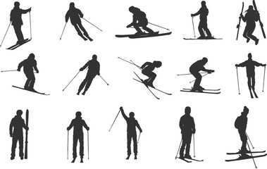 Skiing silhouette, Skier silhouette, Ski silhouette, Skier vector set, Skiing svg, Snowboarding silhouette, Winter sport silhouette. - obrazy, fototapety, plakaty
