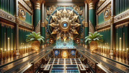 Fototapeta premium Futuristic server room with vibrant maximalist decor and intricate details.