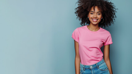 Afro woman wear pink casual t-shirt smile isolated - obrazy, fototapety, plakaty